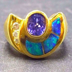 Vintage ESTATE 18K Gold TANZANITE with Diamonds and Opal Inlay RING size 6